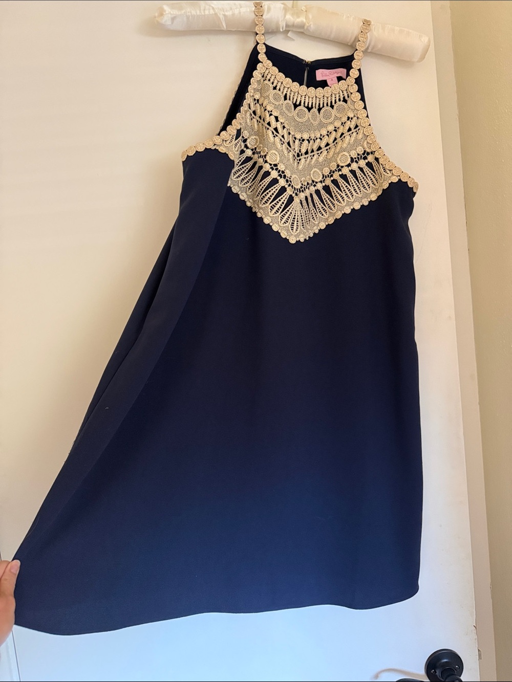 Navy Halter Dress with Cream Crochet top